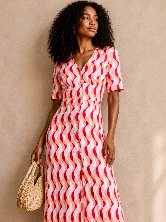 Anthropologie Dresses & Skirts - Anthropologie Nobody’s Child Alexa Red + Pink Wavy Button-Front Midi Dress